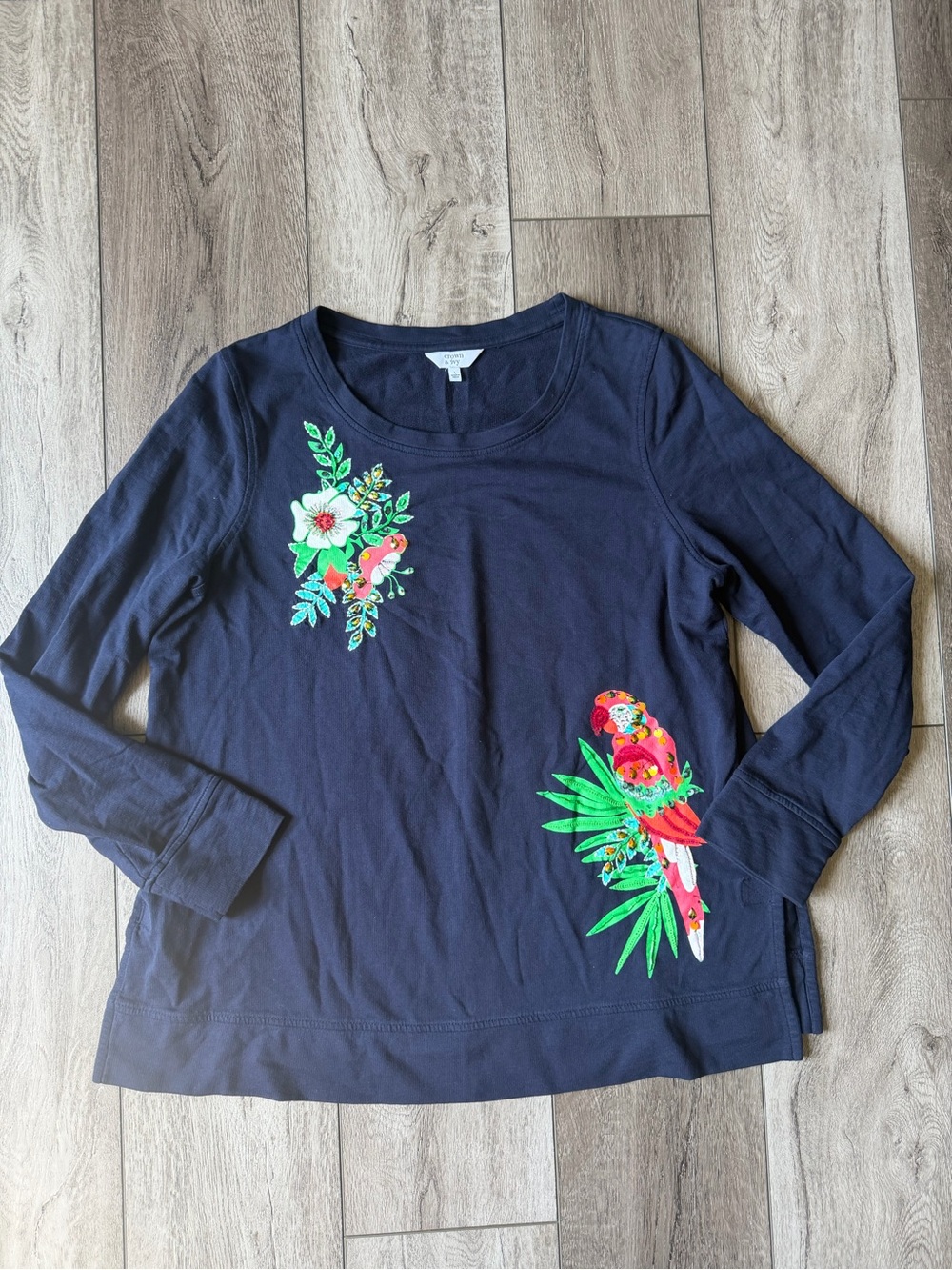 crown & ivy Navy Long-Sleeve Tee with Colorful Parrot & Floral Embroidery